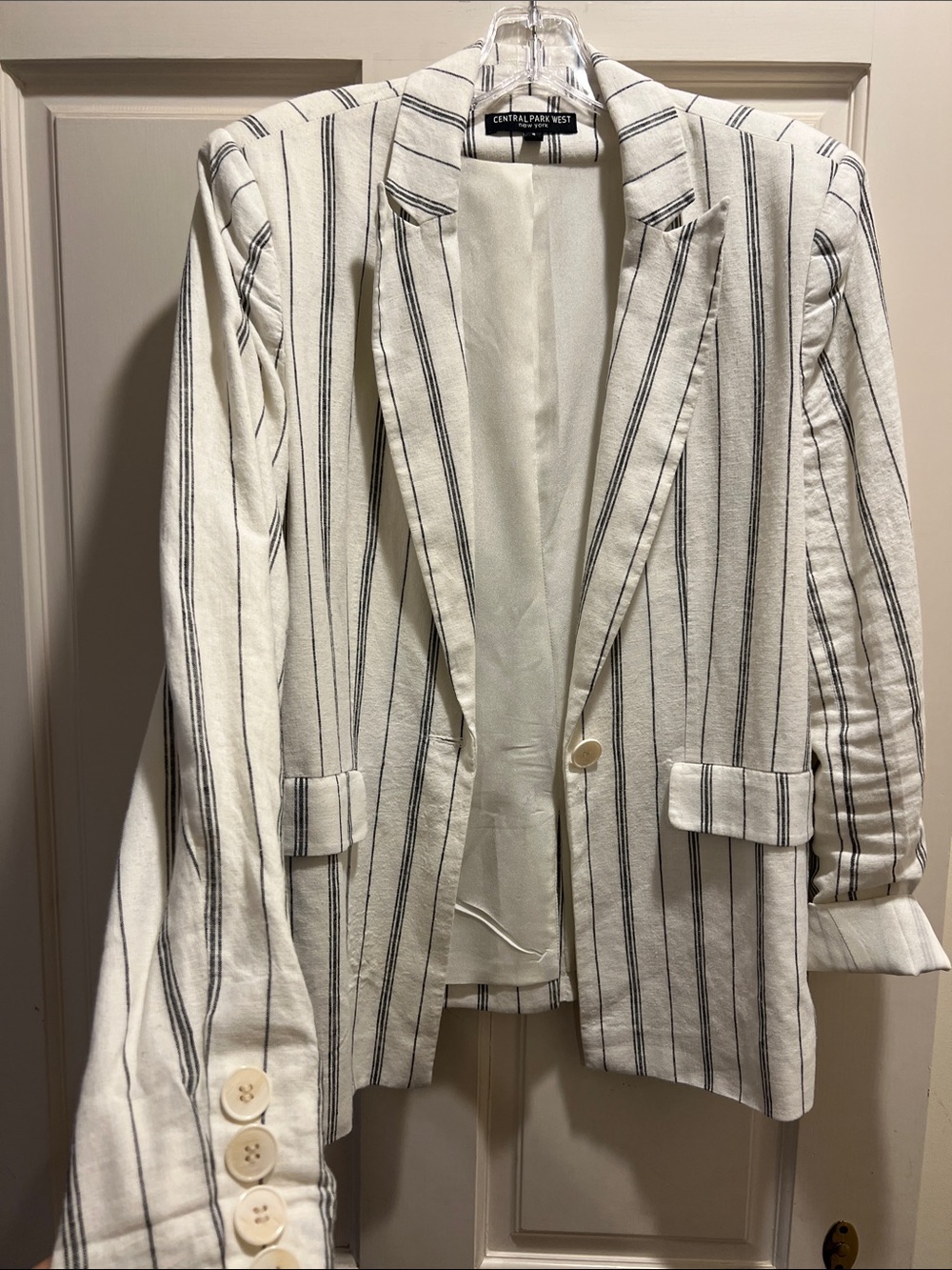 Central Park West Cream Blazer with Black Pinstripes
